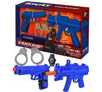 SWAT 2 Gun Playset Kids Police Role Play Toy with Lights and Sound Effects Blue Toy Guns with Orange Tips Handcuffs and Toy Watch Imaginative Law Enforcement Playset for Children Electoys