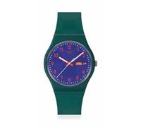 Swatch Analog Watch, Blue Dial with Orange Numbers, Matte Dark Green Case and Strap, Day and Date Indicator SO28N706