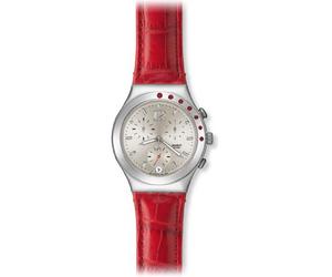 Swatch Heart Cherry Ladies Silver Dial Red Leather Strap Watch