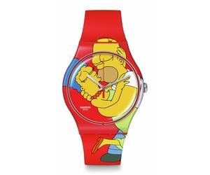 Swatch Simpsons Watch Red Unisex Casual Bio-sourced Quartz Sweet Embrace, Red, The Simpsons