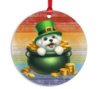 Swavecat Rainbow Maltese Dog St. Patrick's Day Dog Ornament for Christmas Maltese Dog Green Leprechaun Hat Pot of Gold Ornament for Christmas Decor Gay Dog Dad Gift Acrylic Ornament 3in