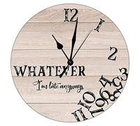 Swavecat Round Wood Clock Whatever I'm Late Anyways Art Clocks Weathered Distressed Tan Board Clocks Battery Operated Country Tuscan Style Wall Clock for Bedroom 15inch Housewarming Gift