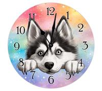 Swavecat Siberian Husky Dog Wall Clocks Siberian Husky Dog Cute Funny Peeking Dog Puppy Art Clock Dog Lover Gift Pet Round Wooden Wall Clocks Non-Ticking Wall Clock for Living Room 10x10in