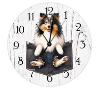 Swavecat Wood Clock Sheltie Art Clock Sheltie Funny Pocket Peeking Dog Clocks for Wall Non-Ticking Battery Operated Round Clock Dog Pet Portrait Clocks for Living Room 12x12in