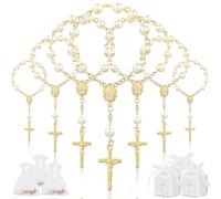 SWAWIS Pack of 50 Christening Rosary Rosary Guest Gift Christening with 50 Gift Boxes 50 Yarn Bags Mini Rosaries Favours Christening Decoration for Christening Communion Wedding Party Favours, Gold