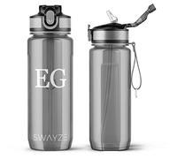 Swayze Personalised INITIALS Water Bottle with Straw 800ml Water Bottle, BPA Free Leakproof Lockable Flip Lid Drink Bottle Sports Gym School Camping Office Walking (Grey - Personalised)