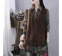 Sweater Vest,Women’S V Neck Sweater Vest Retro Khaki Solid Color Short Cardigan Coat Hollow Twist Pocket Loose Sleeveless Knitted Gilets Waistcoat Preppy Style Jumper Uniform Tank Top,Brown,3Xl