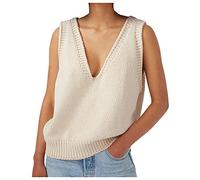 Sweater Vest,Womens V Neck Gilets Knitted Vest Pure Color Thin Jacket Casual Tank Top Vintage Knitted Sweater Vests Sleeveless Jumpers Basic Knitwear Gilets Waistcoat Tops Beige