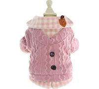 Sweater with Shirt Collar for Small Dogs - Plaid Blouse V-Neck Knit Warm Fleece Pullover Jacket Puppy Cat Clothes Cozy Thick Outfit for Fall Winter Cold Weather Outdoor Walks (S,Pink)