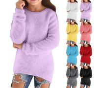 Sweaters for Girls Casual Lightweight Crewneck Long Sleeve Fuzzy Knitted Pullovers Loose Fit Fluffy Soft Jumper Sweater Fleece Crewneck Warm Cozy Plush Tops Purple