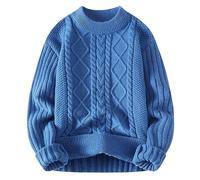 Sweaters for Men UK Chunky Knitted Jumpers Crew Neck Long Sleeve Pullover Cable Twist Knitwear Fleece Thick Warm Jumper Stylish Streetwear Casual Sweatshirt for Autumn and Winter Wear Blue