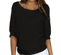 Sweaters for Women Casual Boat Neck Knit Tunic Blouse Solid Baggy Tees Fashion 3/4 Sleeve Pullover Shirts (Black,Large)