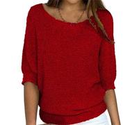 Sweaters for Women Casual Boat Neck Knit Tunic Blouse Solid Baggy Tees Fashion 3/4 Sleeve Pullover Shirts (Red,Large)