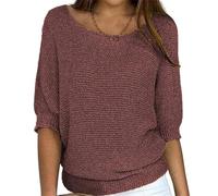 Sweaters for Women Casual Boat Neck Knit Tunic Blouse Solid Baggy Tees Fashion 3/4 Sleeve Pullover Shirts (Dark Brown,Large)