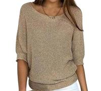 Sweaters for Women Casual Boat Neck Knit Tunic Blouse Solid Baggy Tees Fashion 3/4 Sleeve Pullover Shirts (Khaki,Small)