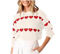 Sweaters for Women UK Valentine's Day Long Sleeve Tops Ladies Heart Print Crewneck Jumpers Casual Loose Warm Pullover Fall Winter Comfy Knitwear Holiday Festival Elegant Tunic Blouses White