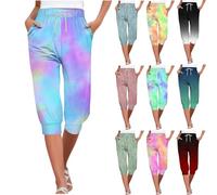 Sweatpants for Women UK Rainbow Gradient Drawstring Capri Pants Elastic Waisted 3/4 Length Trousers with Pockets 4Th of July American Flag Independence Cropped Trousers for Joggers Travel Pants
