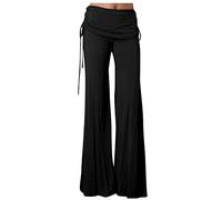Sweatpants Women Wide Leg Plus Size Side Drawstring Trousers Solid Shirring Waisted Yoga Workout Pants Mirco Flared Pants High Waisted Running Trousers Loungewear Casual Black XXL