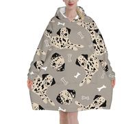 Sweatshirt Blanket,Flannel Pullover Blanket,Women's Wearable Blanket Hoodie, Dalmatians And Bones On Grey