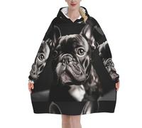 Sweatshirt Blanket,Flannel Pullover Blanket,Women's Wearable Blanket Hoodie, French Bulldog Print