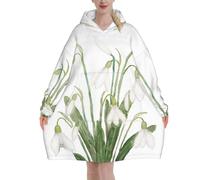 Sweatshirt Blanket,Flannel Pullover Blanket,Women's Wearable Blanket Hoodie, White Snowdrop Flower Botanical Watercolor Painting