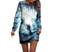 Sweatshirt Dress Women Halloween Spider Web Spring Fall Trendy Long Sleeve Dresses Witch Horror Pullover Tops Bloodstained Holiday Vintage Oversized Pumpkin Shirt Blouse, Light Blue, 3XL