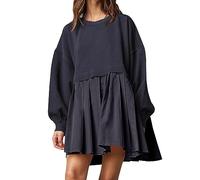 Sweatshirt Dress Women Oversized Patchwork Crewneck Long Sleeve Pullover Tops Fall Outfits Trendy Casual Flowy Pleated Sweatshirt Mini Dress Y2K Hoodie A05 Dark Blue XL
