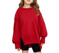 Sweatshirt for Girls Clearance Children's Solid Round Neck Long Sleeved Fleece Sweatshirt,Middle Girls Drop Shoulder Side Split Warm Pullover Jumpers Fall Winter Cute Crop Tops for 5-14 Years