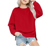 Sweatshirt for Girls Clearance Children's Solid Round Neck Long Sleeved Fleece Sweatshirt,Middle Girls Drop Shoulder Side Split Warm Pullover Jumpers Fall Winter Cute Crop Tops for 5-14 Years