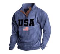 Sweatshirt for Men | Usa Flag Print Pullover Sweatshirt | Male Vintage Hoodless Sweatshirt | Polo Neck Button Sweatshirt Loose Fit Workwear Top Casual Fashion Golf Long-Sleeved Sweatshirt Navy