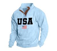 Sweatshirt for Men | Usa Flag Print Pullover Sweatshirt | Male Vintage Hoodless Sweatshirt | Polo Neck Button Sweatshirt Loose Fit Workwear Top Casual Fashion Golf Long-Sleeved Sweatshirt Light Blue