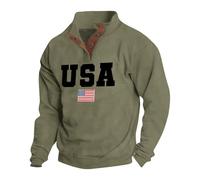 Sweatshirt for Men | Usa Flag Print Pullover Sweatshirt | Male Vintage Hoodless Sweatshirt | Polo Neck Button Sweatshirt Loose Fit Workwear Top Casual Fashion Golf Long-Sleeved Sweatshirt