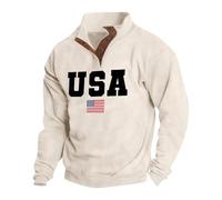 Sweatshirt for Men | Usa Flag Print Pullover Sweatshirt | Male Vintage Hoodless Sweatshirt | Polo Neck Button Sweatshirt Loose Fit Workwear Top Casual Fashion Golf Long-Sleeved Sweatshirt Beige
