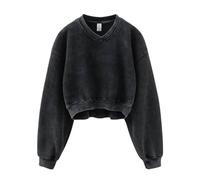 Sweatshirt for Women Acid Wash Athletic Hoodies Heritage Fleece V-neck Long Sleeve Hoodie Y2K Crop Pullover Women Sweatshirt Cotton Fleece Lined Hoodies Workout Pullover Shirt Black-XL, Black, XL