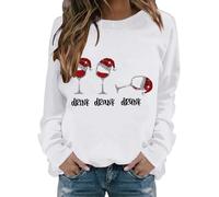 Sweatshirt Hoodies Women Pullover Fashion Ladies Lightweight Autumn Winter Pullover Tops Drink Drank Drunk Letter Printed Christmas Hats Graphic Long Sleeve Relaxed Fit Oversized Fall (White, M)