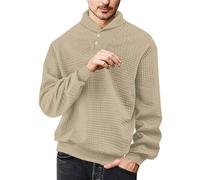 Sweatshirt without hood men's pullover long sleeve pullover waffle long sleeve shirt 2-button Henley shirt lightweight shirt men long sleeve button down leisure jumper basic polo shirt, khaki, S