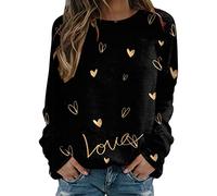 Sweatshirt Womens Valentines Day Soft Jumper Cute Love Heart Patterned Loose Top Long Sleeve Crewneck Shirt Pink Ladies Teens Holiday Blouse Pullover (Black, XXL)