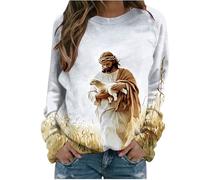 Sweatshirts for Women UK Basic Womens Pullover Casual Loose Jumper Long Sleeve Tops & T-Shirts Jesus The Lost Sheep Print Ladies Blouse Round Neck Tunic Top Raglan Ladies Tshirt