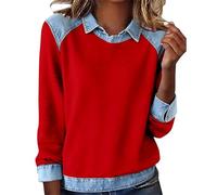 Sweatshirts for Women UK Denim Patchwork Lapel Collar Womens Long Sleeve Sweatshirt Ladies Casual Cozy Tops Lightweight Colour Block Blouse Seasonal Chaos-Chic Wardrobe Transition