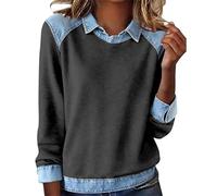 Sweatshirts for Women UK Denim Patchwork Lapel Collar Womens Long Sleeve Sweatshirt Ladies Casual Cozy Tops Lightweight Colour Block Blouse Seasonal Chaos-Chic Wardrobe Transition