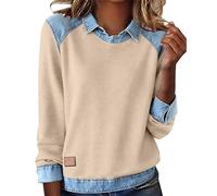 Sweatshirts for Women UK Denim Patchwork Lapel Collar Womens Long Sleeve Sweatshirt Ladies Casual Cozy Tops Lightweight Colour Block Blouse Seasonal Chaos-Chic Wardrobe Transition