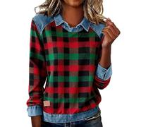 Sweatshirts for Women UK Denim Patchwork Lapel Collar Womens Long Sleeve Sweatshirt Ladies Casual Cozy Tops Lightweight Colour Block Blouse Seasonal Chaos-Chic Wardrobe Transition