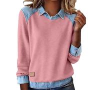 Sweatshirts for Women UK Denim Patchwork Lapel Collar Womens Long Sleeve Sweatshirt Ladies Casual Cozy Tops Lightweight Colour Block Blouse Seasonal Chaos-Chic Wardrobe Transition