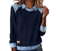 Sweatshirts for Women UK Denim Patchwork Lapel Collar Womens Long Sleeve Sweatshirt Ladies Casual Cozy Tops Lightweight Colour Block Blouse Seasonal Chaos-Chic Wardrobe Transition