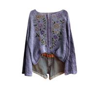 Sweatshirts for Women UK Ladies Vintage Boho Floral Crochet Sweater Oversized Boat Neck Long Sleeve Pullover Tops Lightweight Ribbed Knit Bohemia Blouse Purple Style#1 Boho Tops for Women UK 3XL