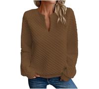 Sweatshirts for Women UK Notch Neck Pullover Sweater Women's Sweatshirt Long Sleeves Drop Shoulder Solid V Neck Pullover Tops for Workout/Everday/Sports Brown M