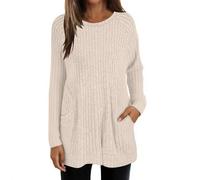 Sweatshirts For Women Uk Plain Crewneck Knitted Jumpers Mid Length With Pockets Long Sleeves Tops Soft Comfortable Stretchable Pullover Fashion Essentials Ladies Outfit Lightweight Work Clothes Beige