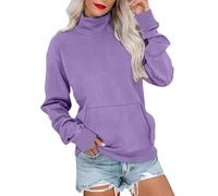 Sweatshirts For Women Uk Turtle Neck Casual Long Sleved Pullover With Kangaroo Pockets Autumn Winter Windproof Warm Solid Color Soft Comfy Sportwear (Purple, XXXL)