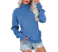 Sweatshirts For Women Uk Turtle Neck Casual Long Sleved Pullover With Kangaroo Pockets Autumn Winter Windproof Warm Solid Color Soft Comfy Sportwear (Blue, M)