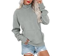 Sweatshirts For Women Uk Turtle Neck Casual Long Sleved Pullover With Kangaroo Pockets Autumn Winter Windproof Warm Solid Color Soft Comfy Sportwear (Grey, S)